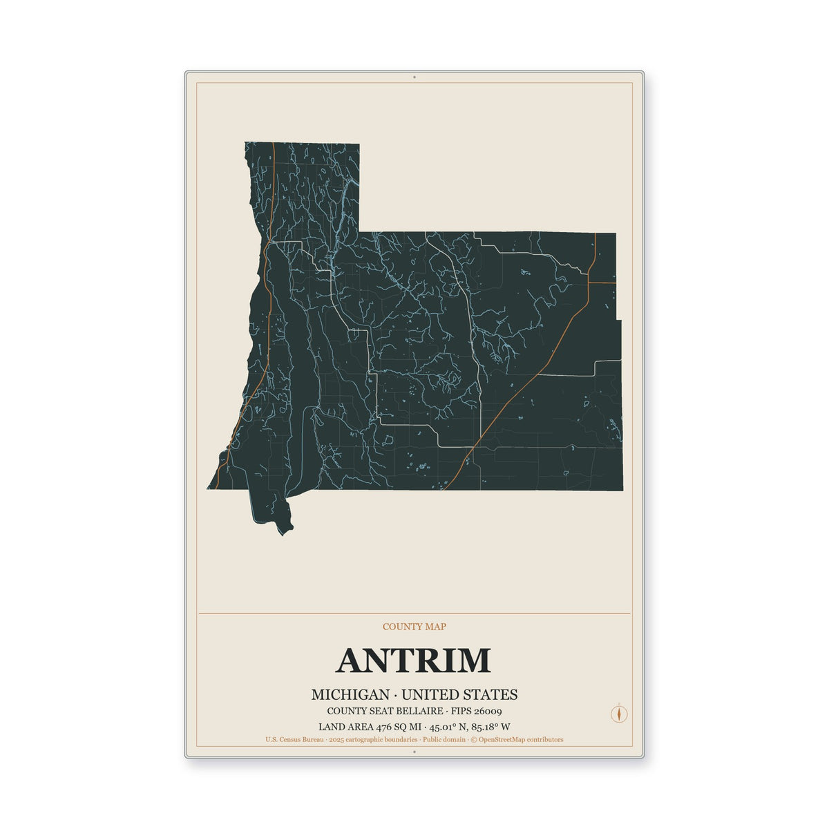 Antrim County, Michigan Map Aluminum Sign in Headline Atlas style