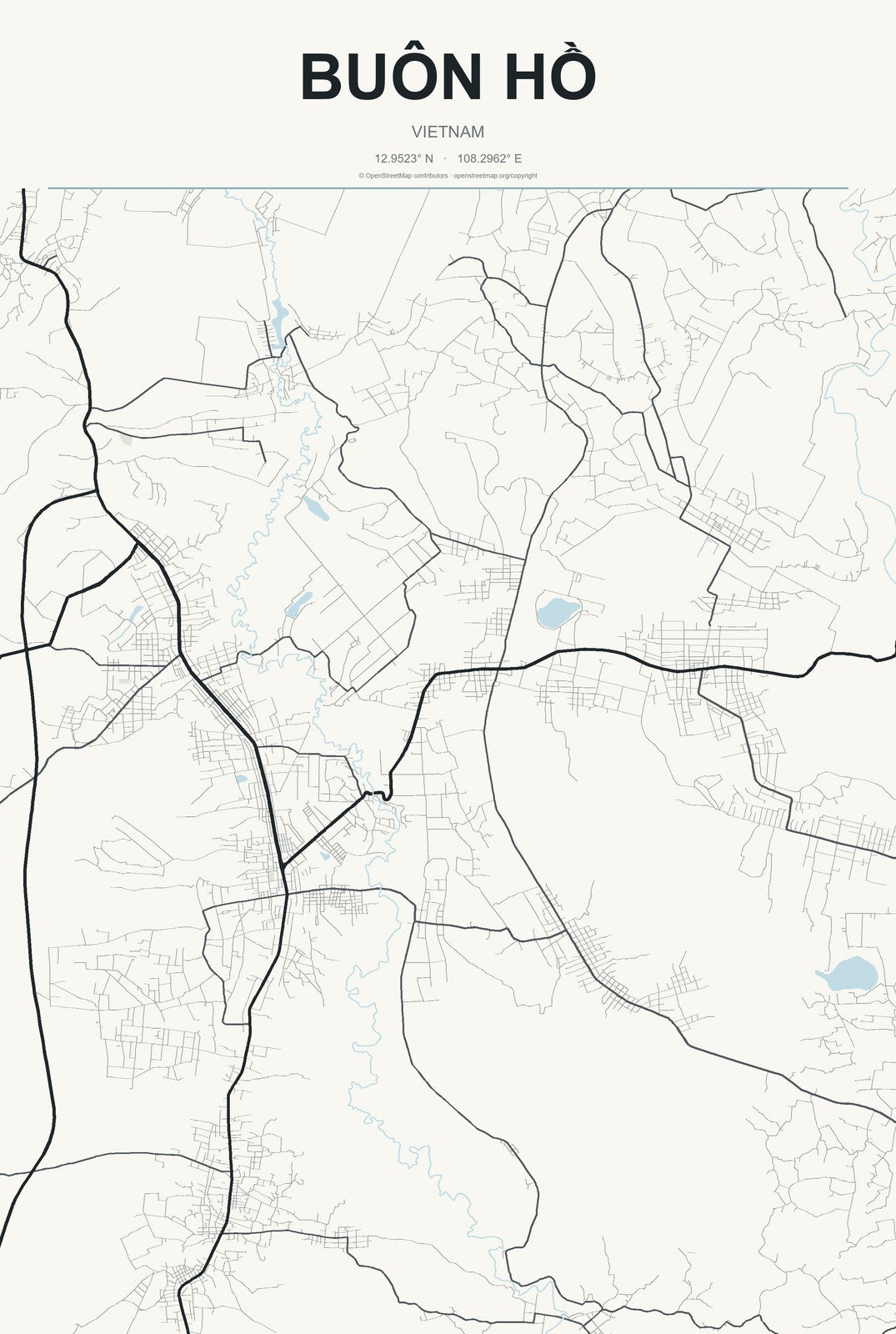 Buôn Hồ, Vietnam City Map Aluminum Sign in Headline Atlas style