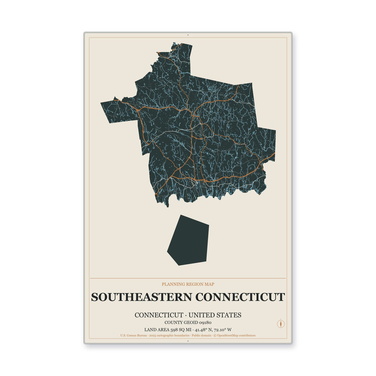 Southeastern Connecticut Planning Region, Connecticut Map Aluminum Sign in Headline Atlas style
