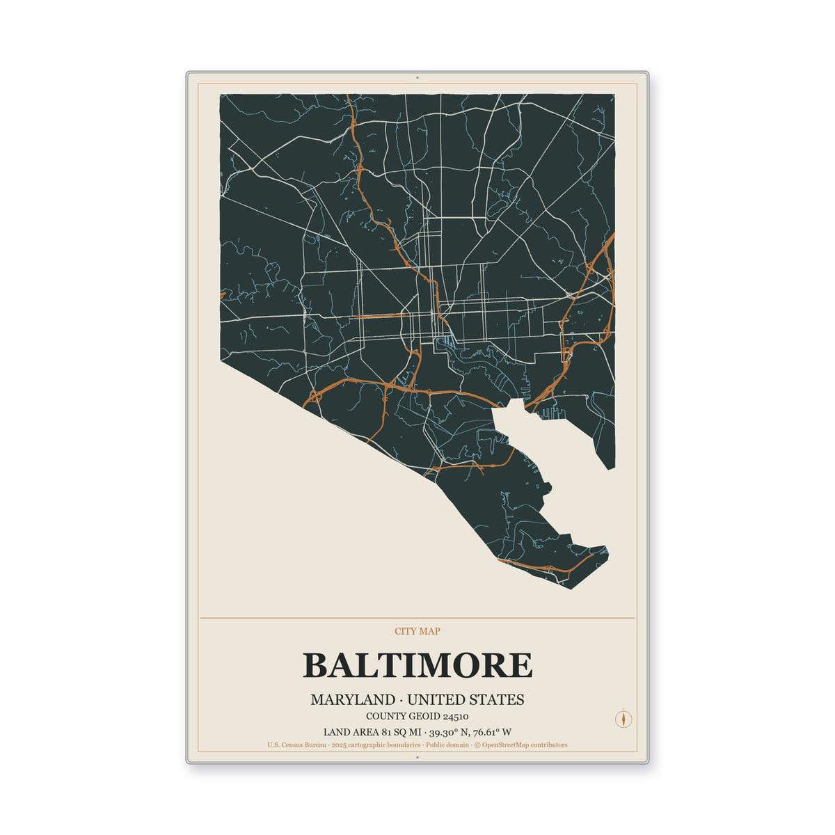 Baltimore city, Maryland Map Aluminum Sign in Headline Atlas style
