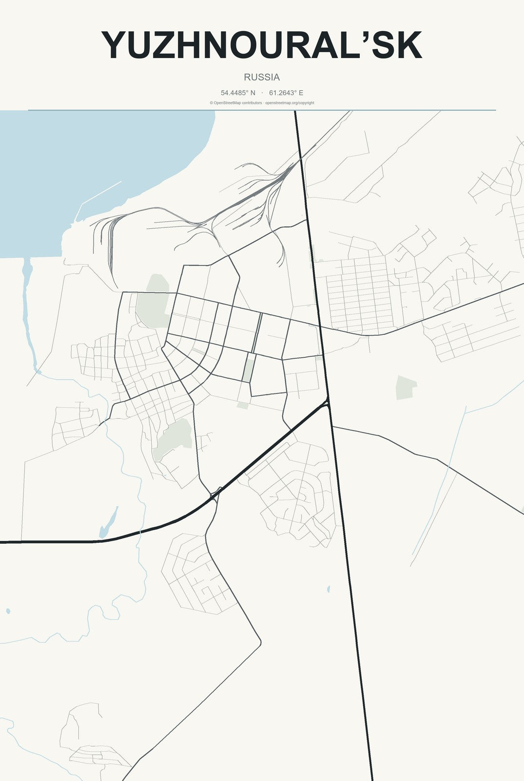 Yuzhnoural’sk, Russia City Map Aluminum Sign in Headline Atlas style