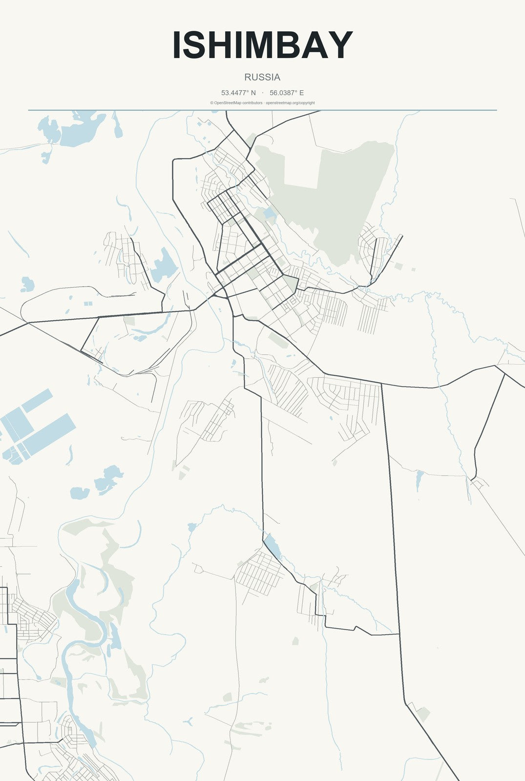 Ishimbay, Russia City Map Aluminum Sign in Headline Atlas style