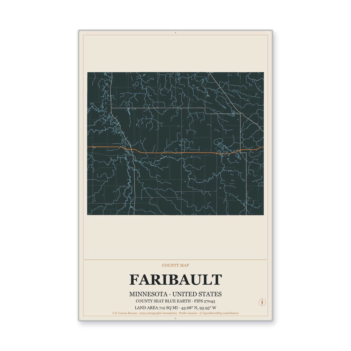 Faribault County, Minnesota Map Aluminum Sign in Headline Atlas style