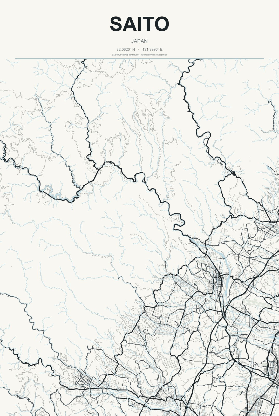 Saito, Japan City Map Aluminum Sign in Headline Atlas style