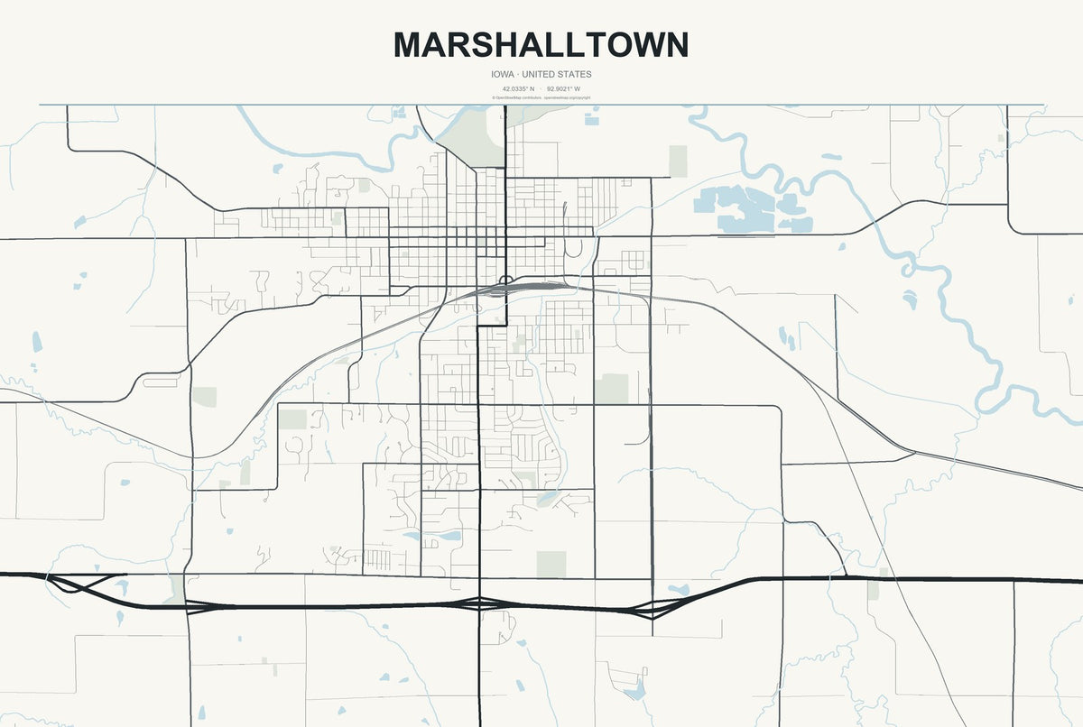 Marshalltown, Iowa City Map Aluminum Sign in Headline Atlas style