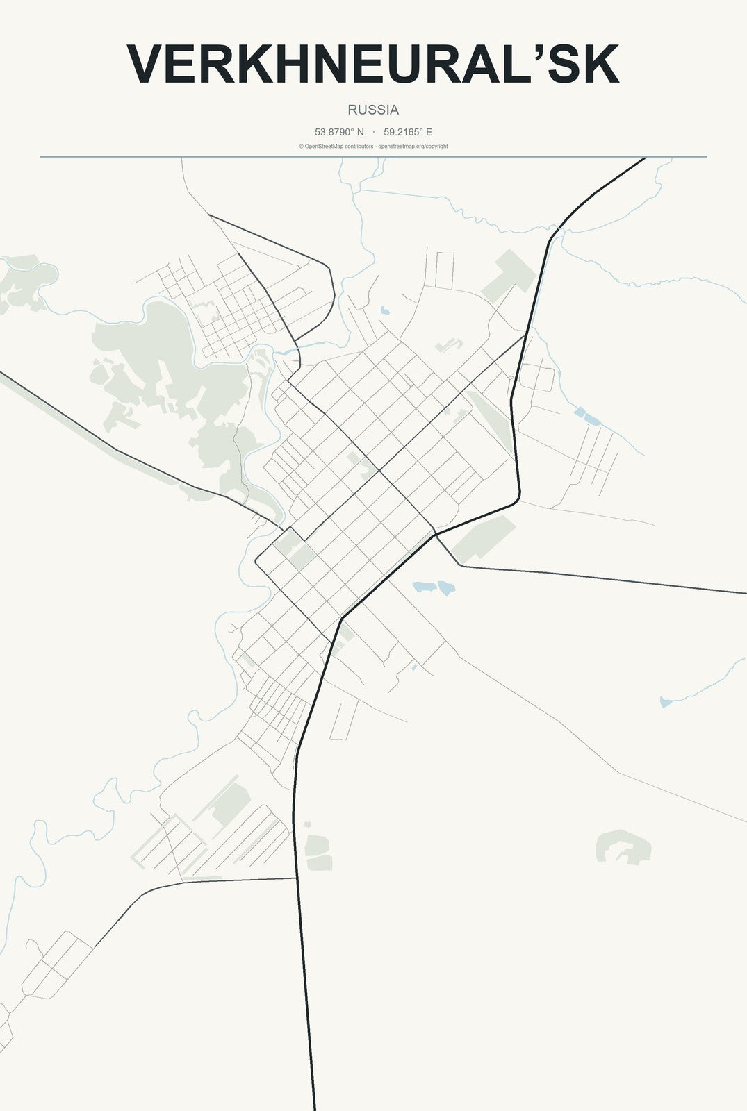 Verkhneural’sk, Russia City Map Aluminum Sign in Headline Atlas style