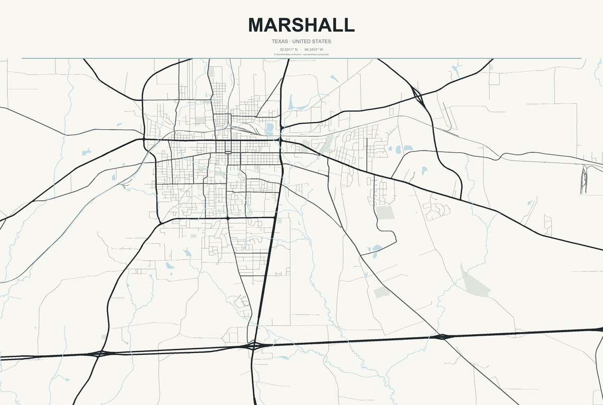 Marshall, Texas City Map Aluminum Sign in Headline Atlas style