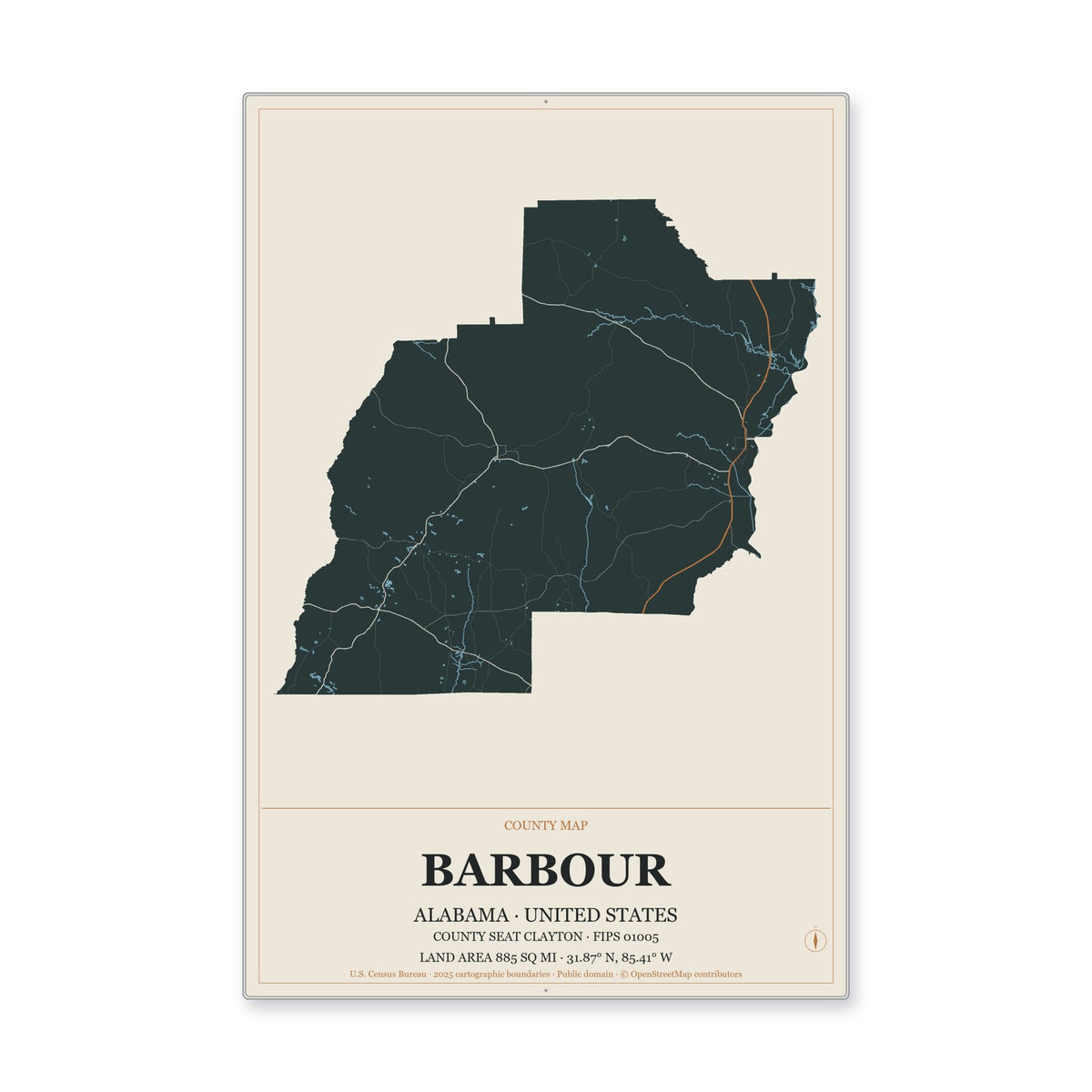 Barbour County, Alabama Map Aluminum Sign in Headline Atlas style