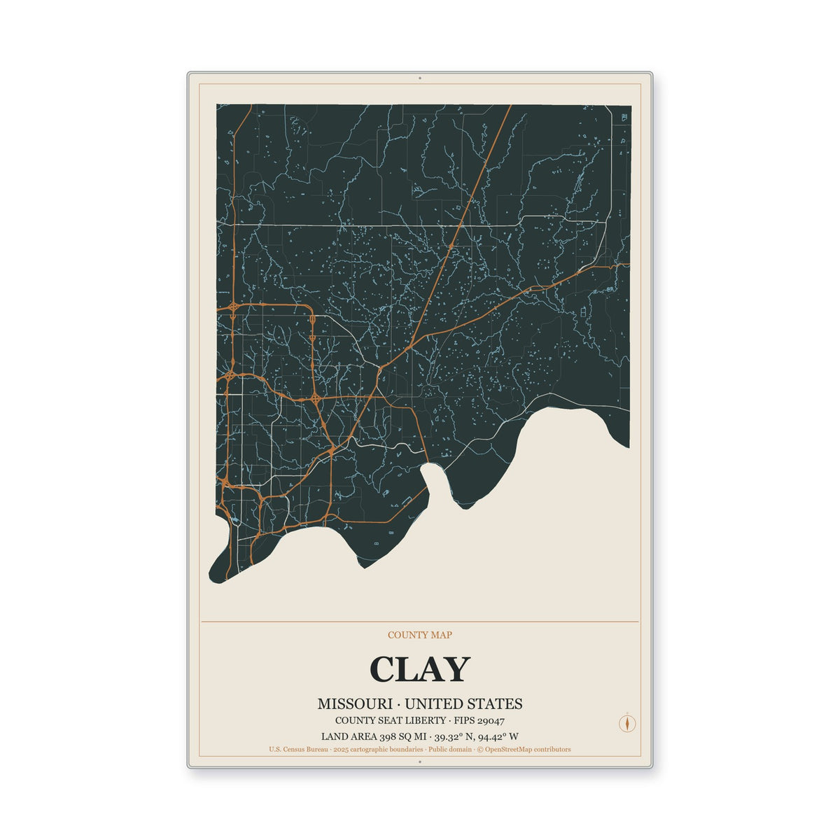 Clay County, Missouri Map Aluminum Sign in Headline Atlas style
