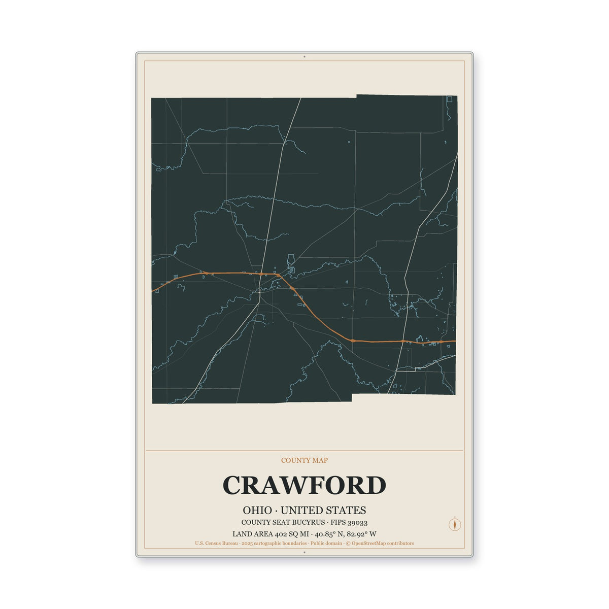 Crawford County, Ohio Map Aluminum Sign in Headline Atlas style