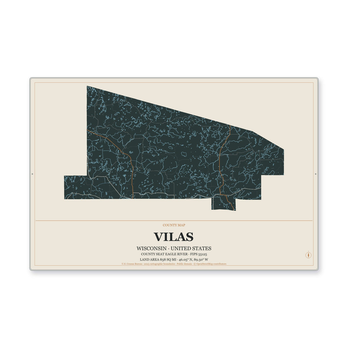 Vilas County, Wisconsin Map Aluminum Sign in Headline Atlas style