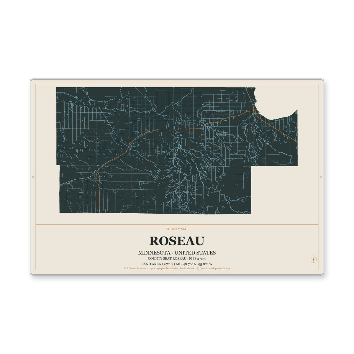 Roseau County, Minnesota Map Aluminum Sign in Headline Atlas style