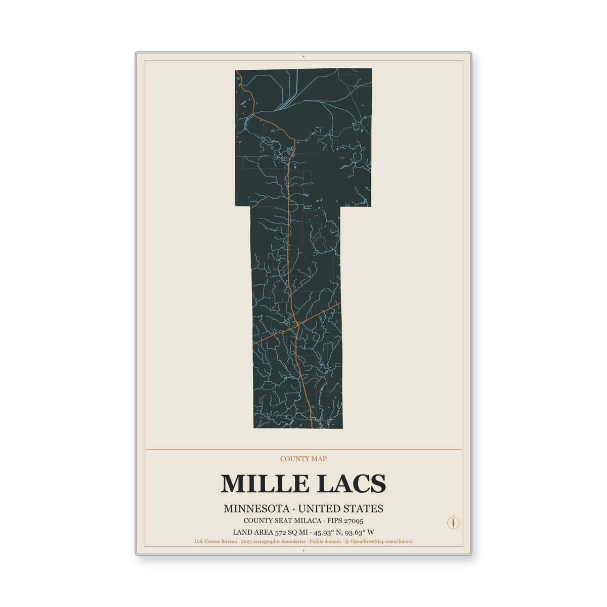 Mille Lacs County, Minnesota Map Aluminum Sign in Headline Atlas style