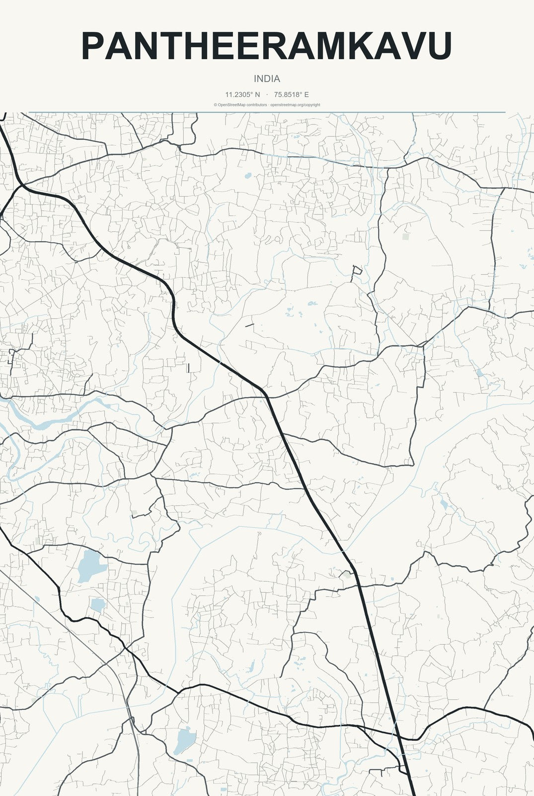 Pantheeramkavu, India City Map Aluminum Sign in Headline Atlas style