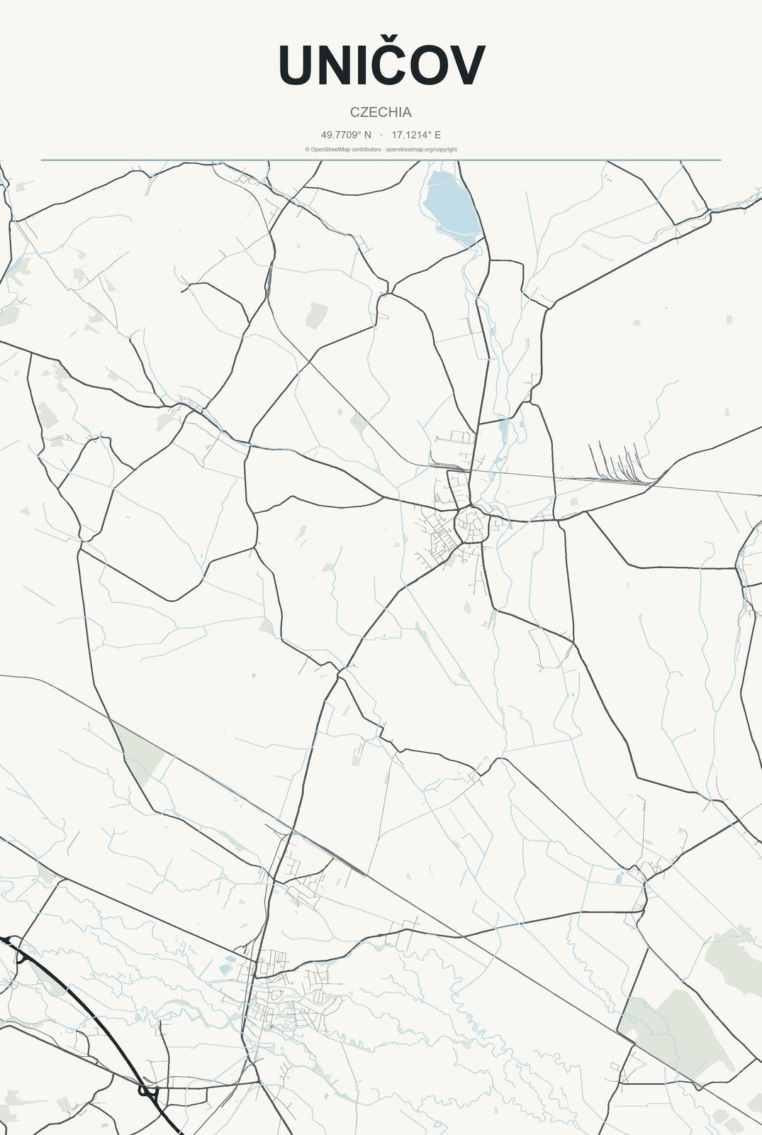 Uničov, Czechia City Map Aluminum Sign in Headline Atlas style