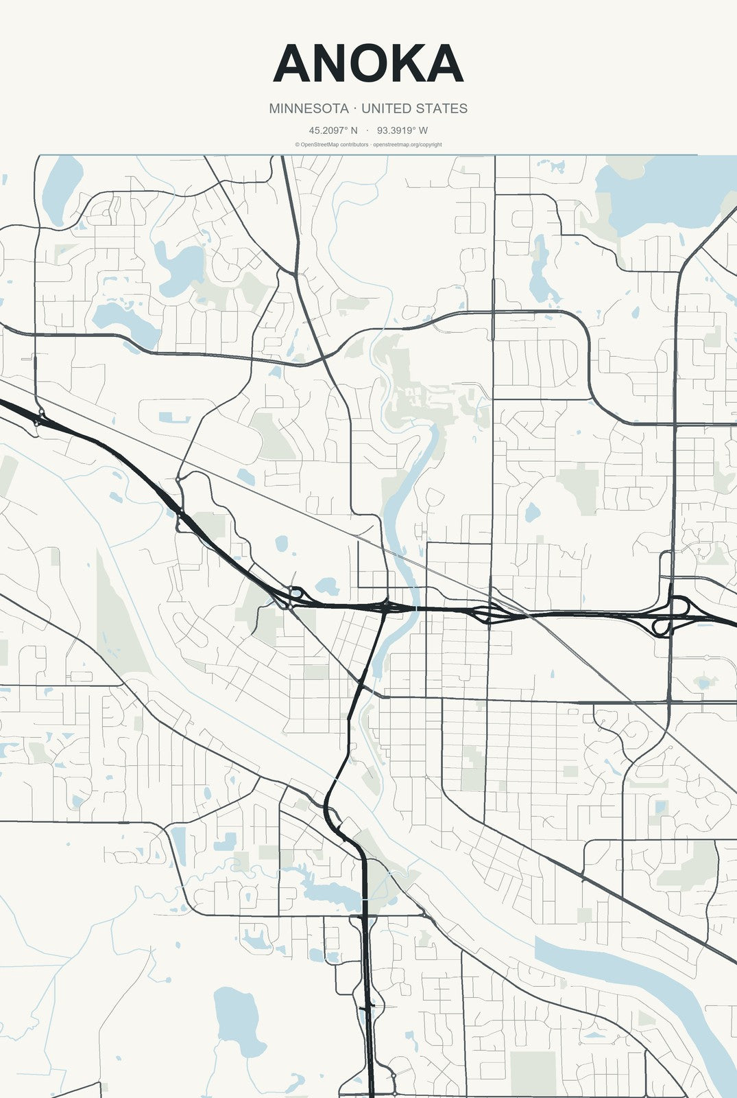 Anoka, Minnesota City Map Aluminum Sign in Headline Atlas style