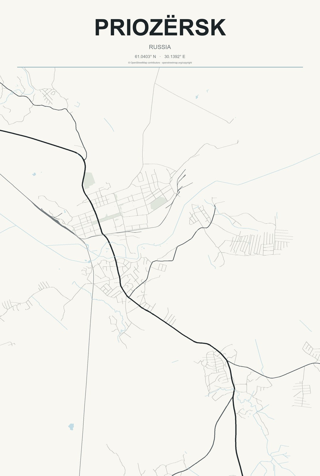 Priozërsk, Russia City Map Aluminum Sign in Headline Atlas style