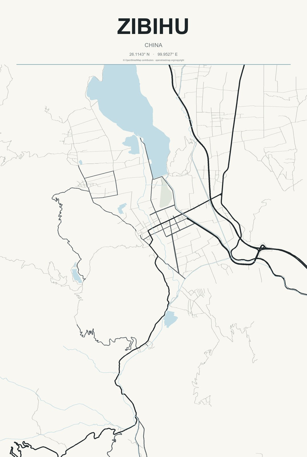 Zibihu, China City Map Aluminum Sign in Headline Atlas style
