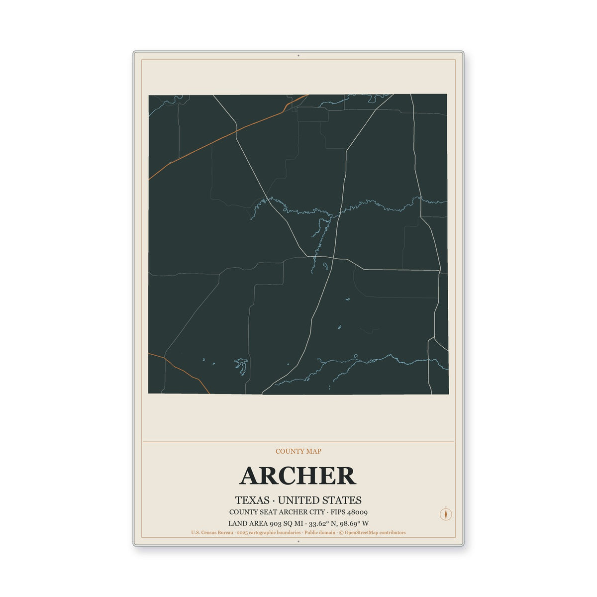 Archer County, Texas Map Aluminum Sign in Headline Atlas style