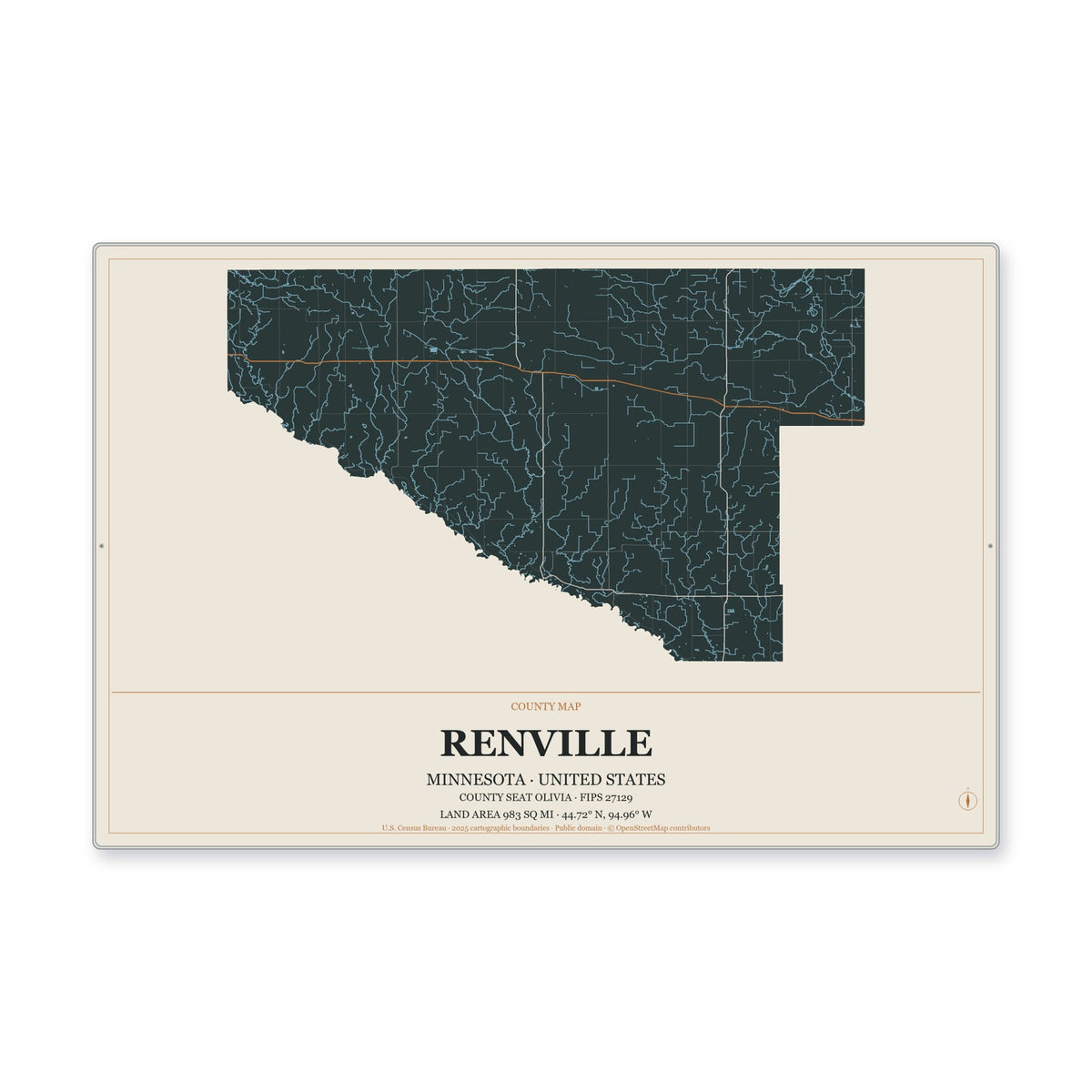 Renville County, Minnesota Map Aluminum Sign in Headline Atlas style