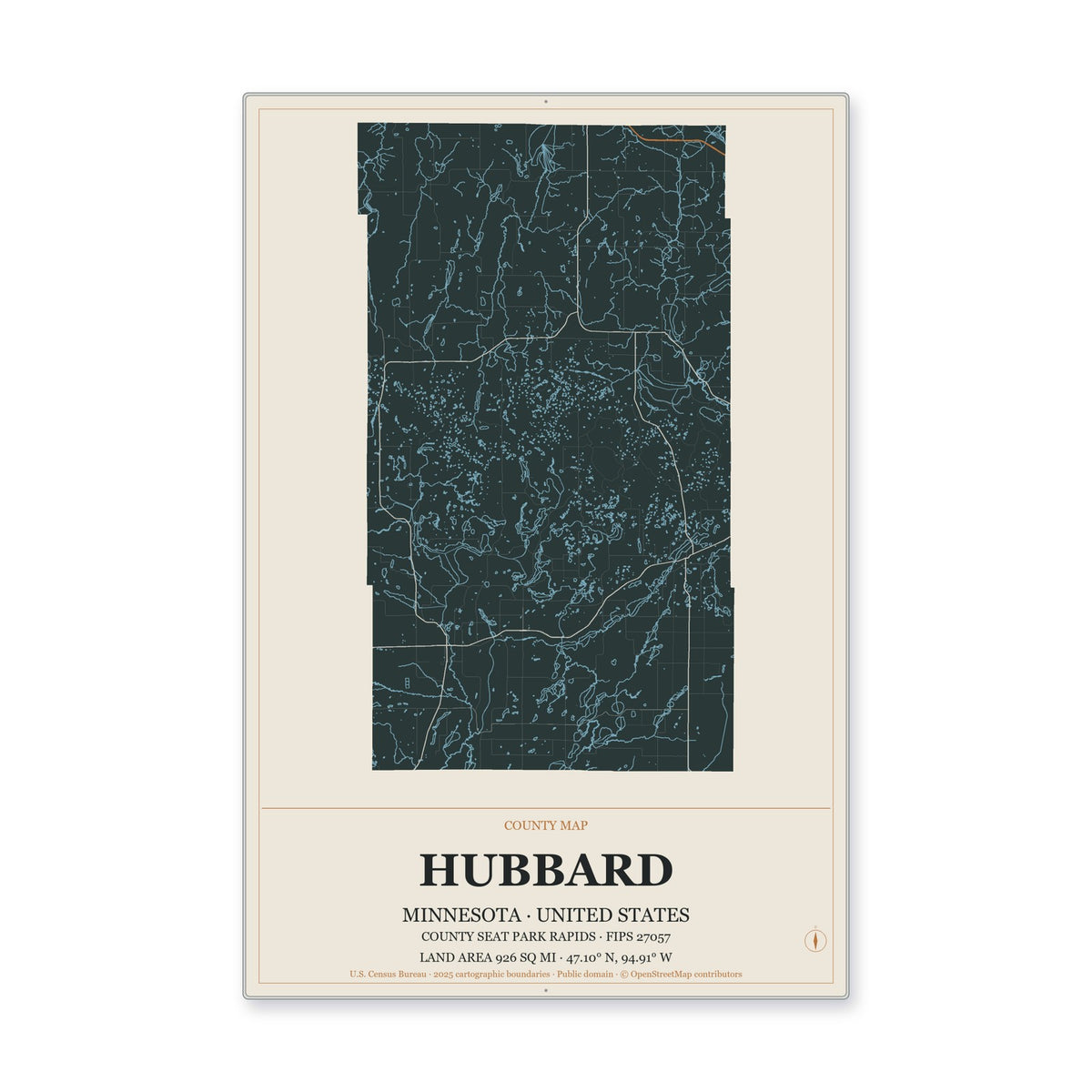 Hubbard County, Minnesota Map Aluminum Sign in Headline Atlas style