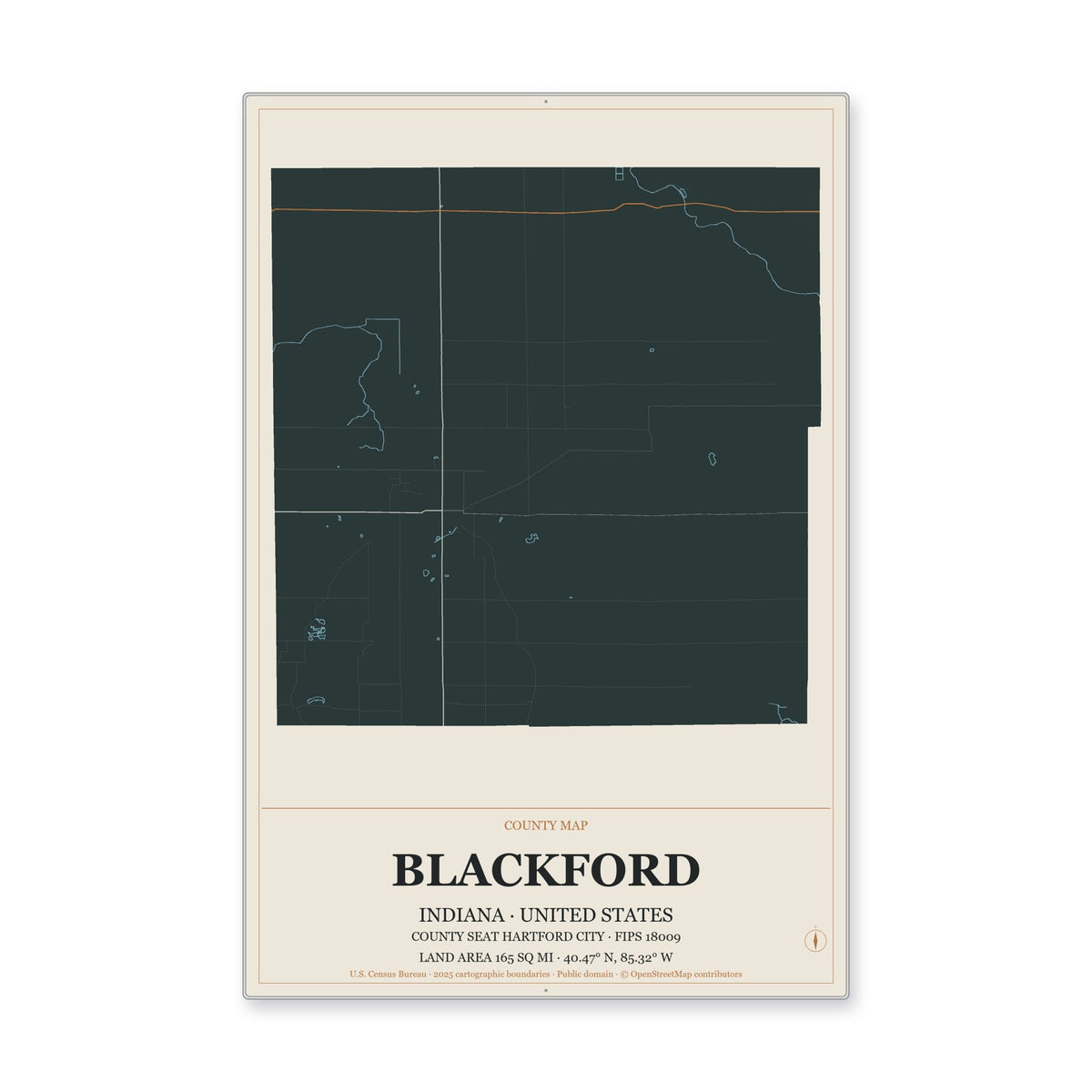 Blackford County, Indiana Map Aluminum Sign in Headline Atlas style