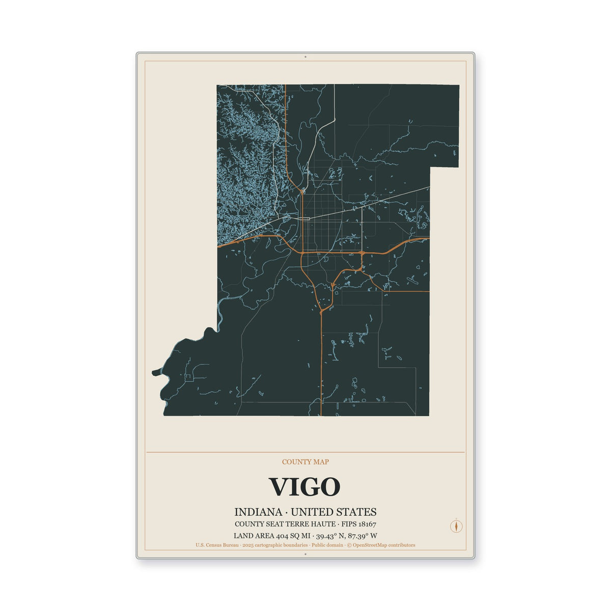 Vigo County, Indiana Map Aluminum Sign in Headline Atlas style
