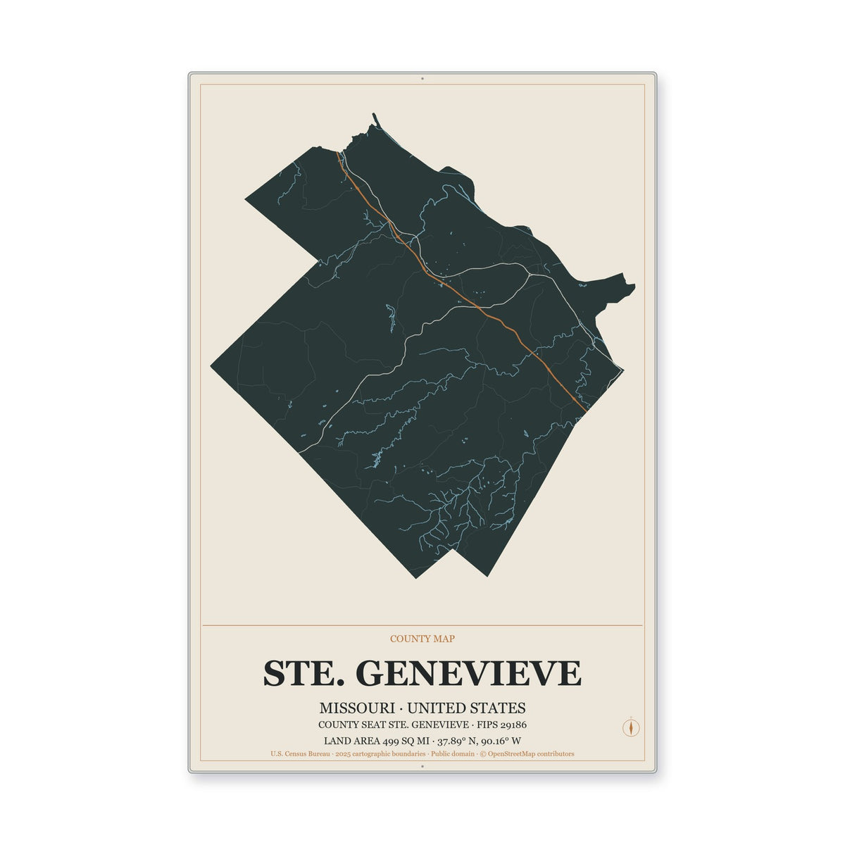 Ste. Genevieve County, Missouri Map Aluminum Sign in Headline Atlas style
