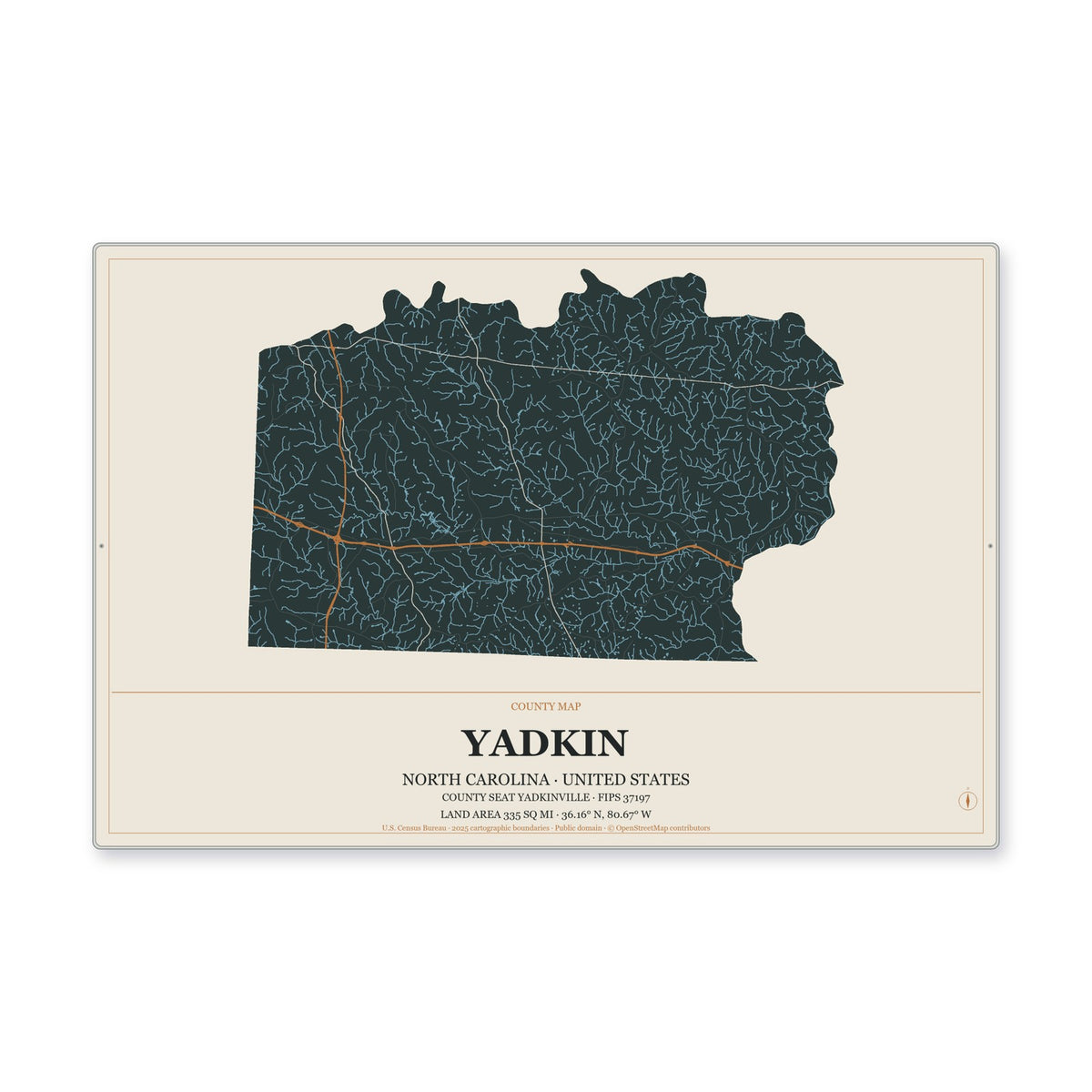 Yadkin County, North Carolina Map Aluminum Sign in Headline Atlas style