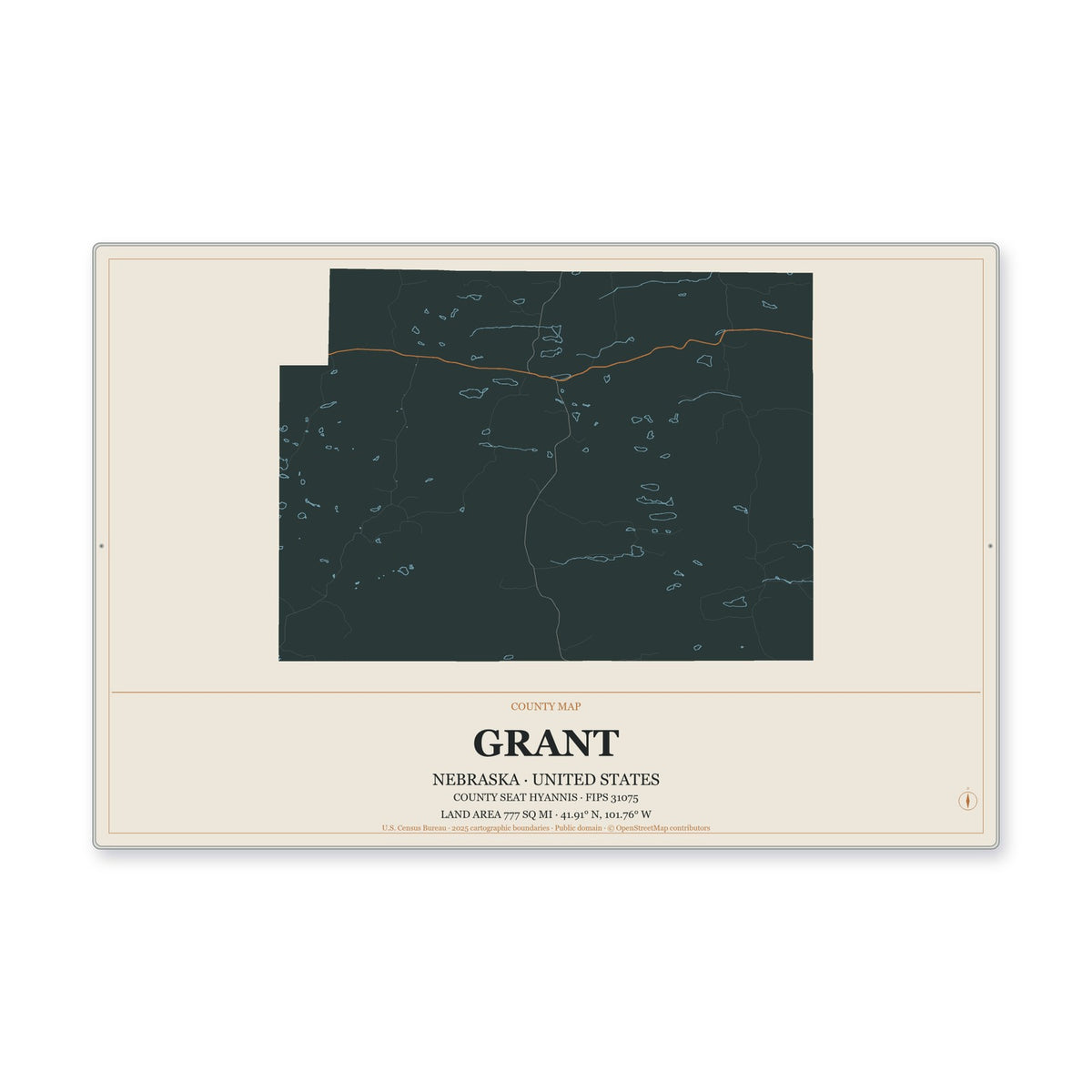 Grant County, Nebraska Map Aluminum Sign in Headline Atlas style