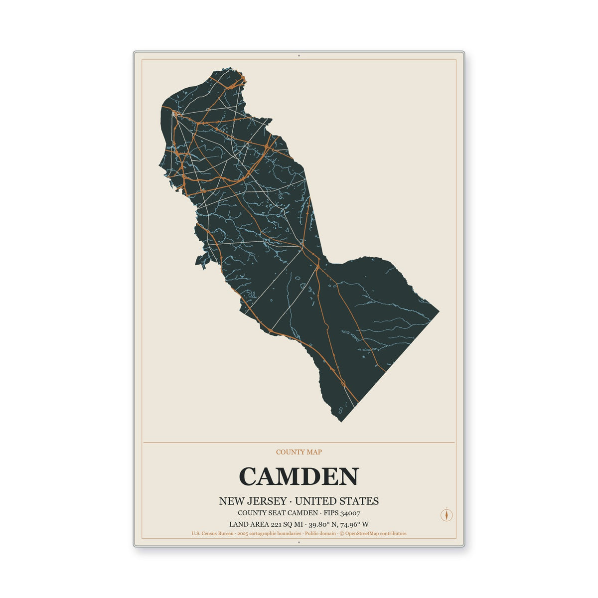 Camden County, New Jersey Map Aluminum Sign in Headline Atlas style
