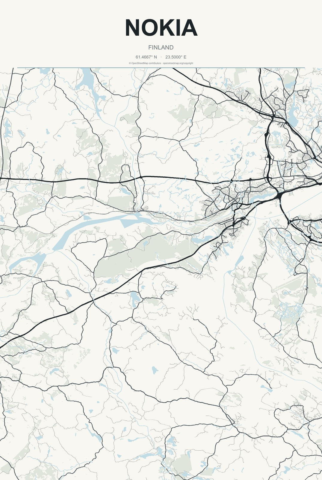 Nokia, Finland City Map Aluminum Sign in Headline Atlas style