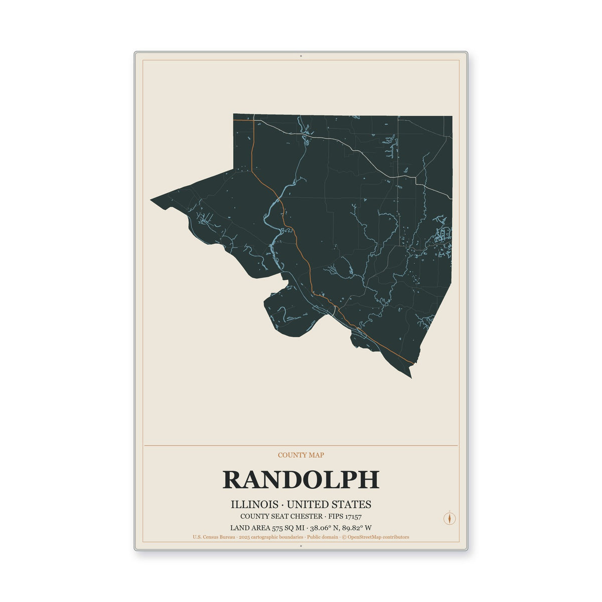 Randolph County, Illinois Map Aluminum Sign in Headline Atlas style