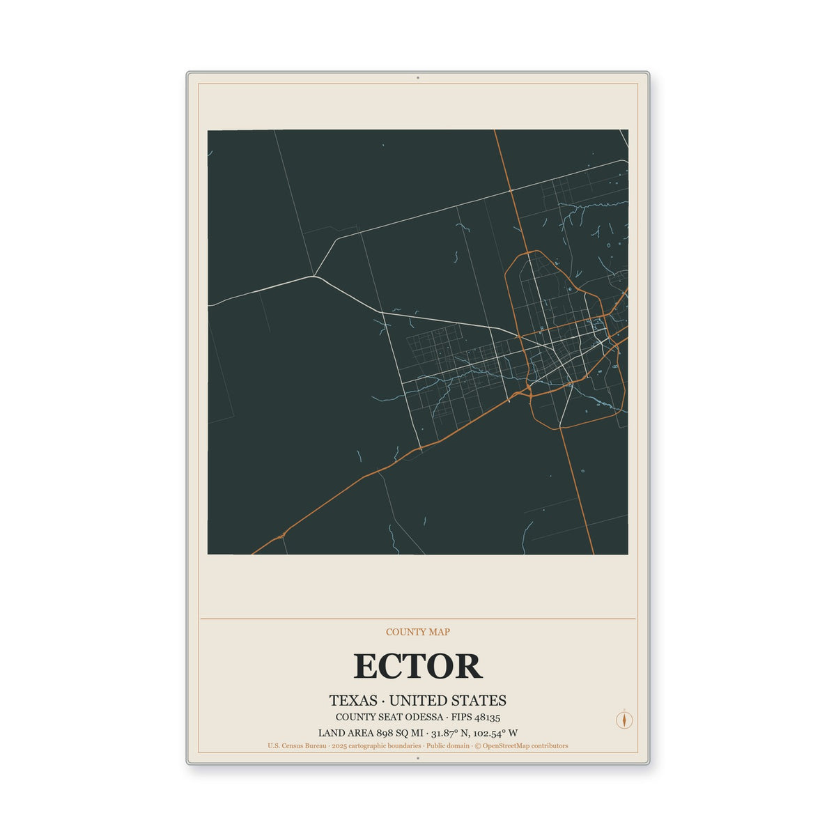 Ector County, Texas Map Aluminum Sign in Headline Atlas style