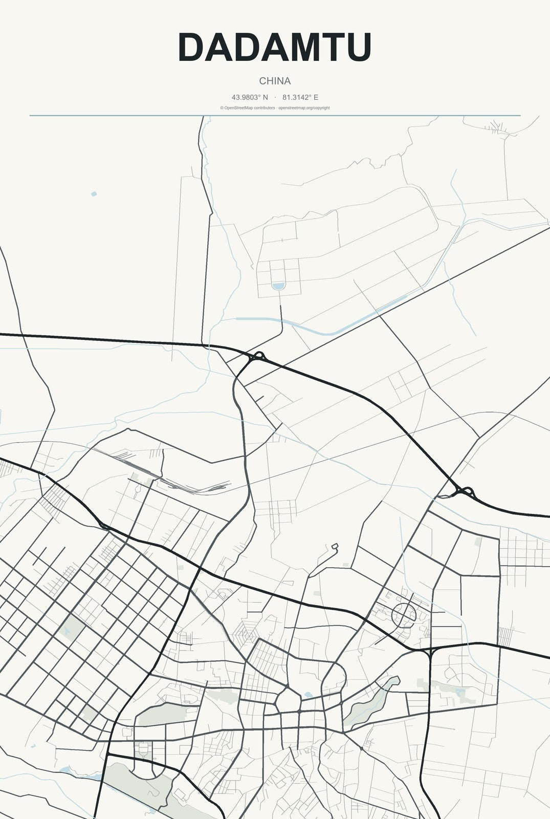 Dadamtu, China City Map Aluminum Sign in Headline Atlas style
