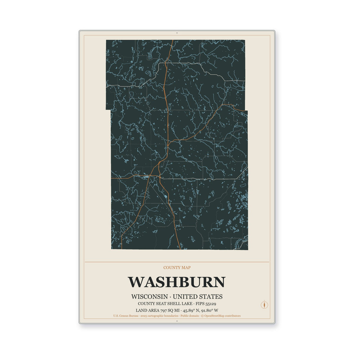 Washburn County, Wisconsin Map Aluminum Sign in Headline Atlas style