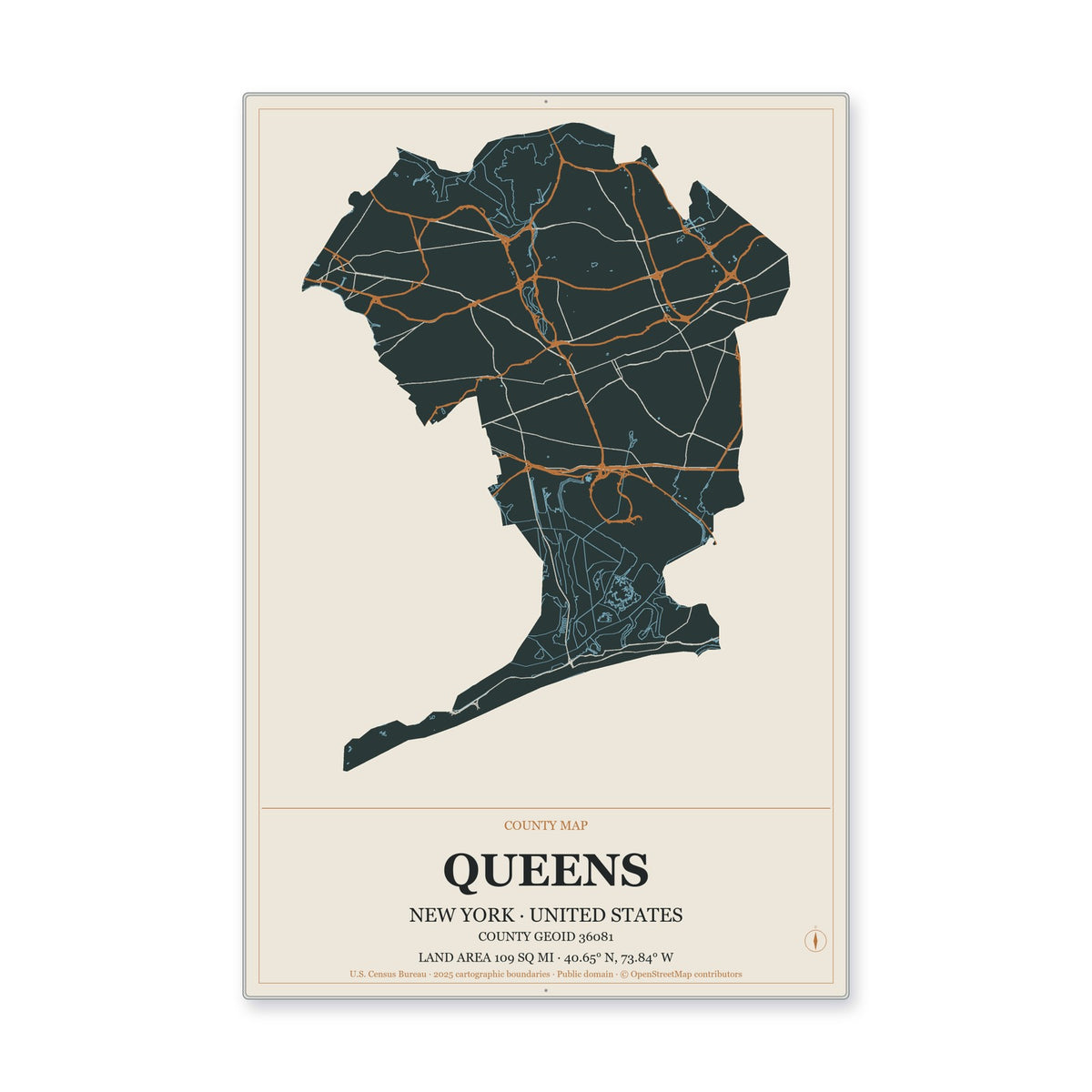 Queens County, New York Map Aluminum Sign in Headline Atlas style