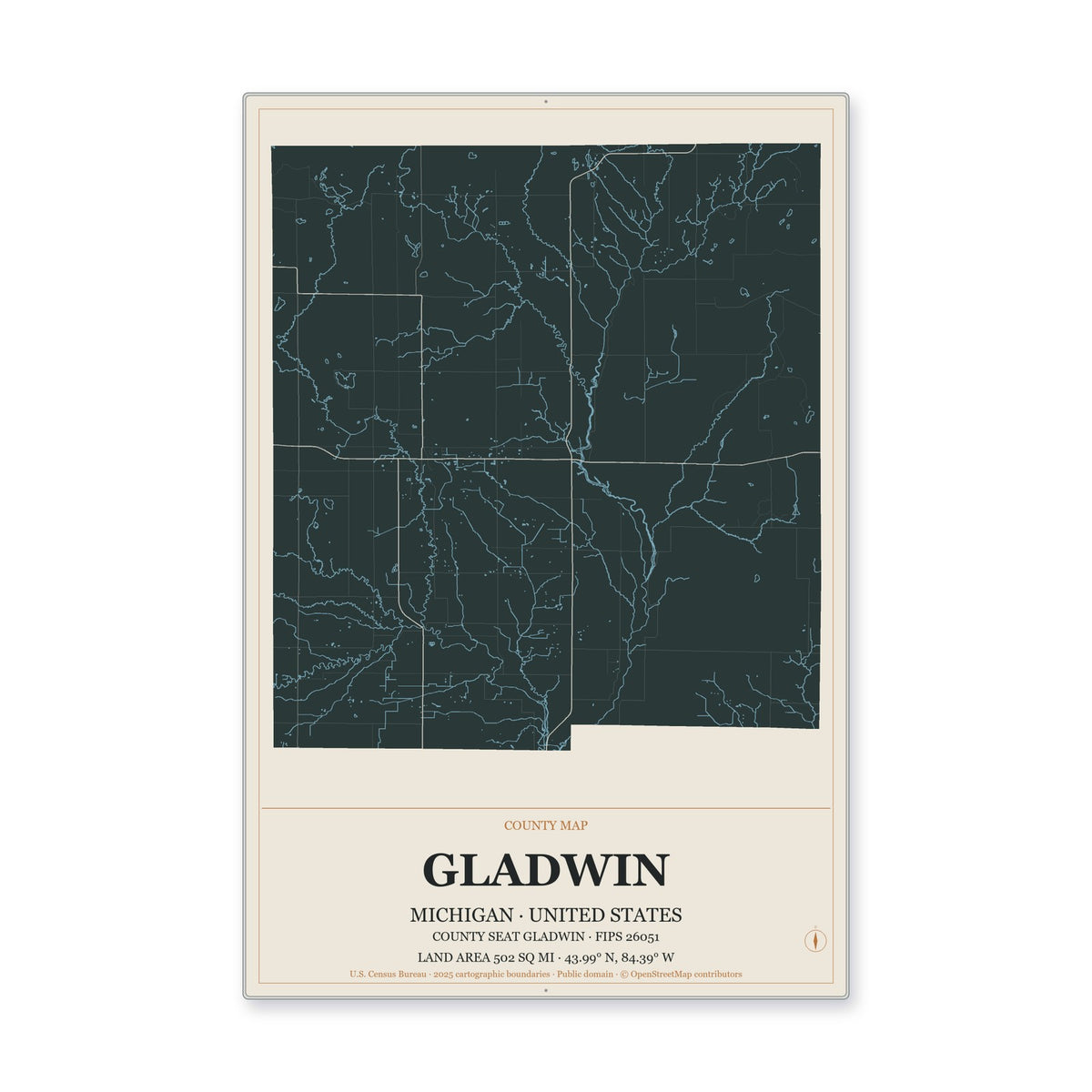 Gladwin County, Michigan Map Aluminum Sign in Headline Atlas style