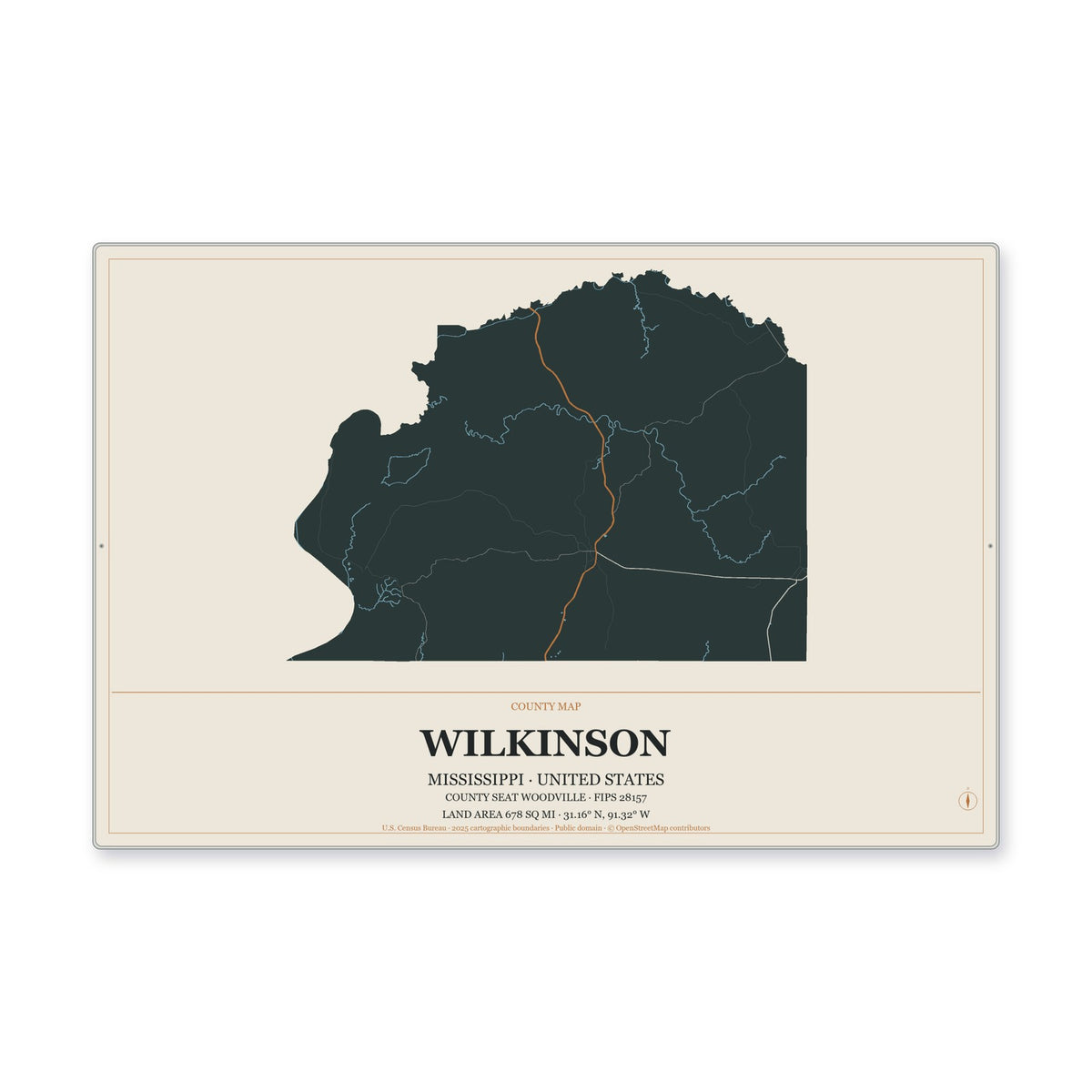 Wilkinson County, Mississippi Map Aluminum Sign in Headline Atlas style