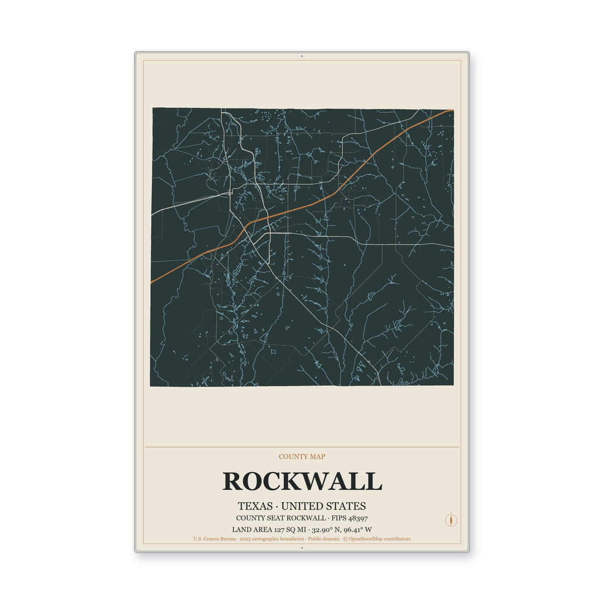 Rockwall County, Texas Map Aluminum Sign in Headline Atlas style