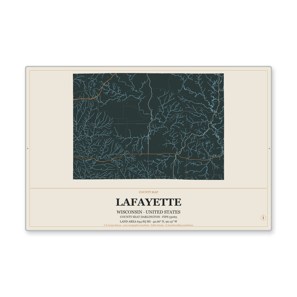 Lafayette County, Wisconsin Map Aluminum Sign in Headline Atlas style