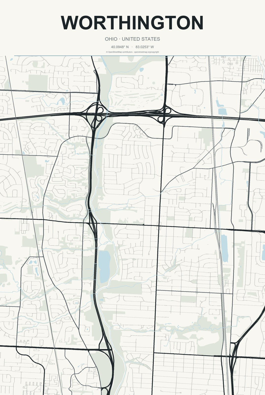 Worthington, Ohio City Map Aluminum Sign in Headline Atlas style