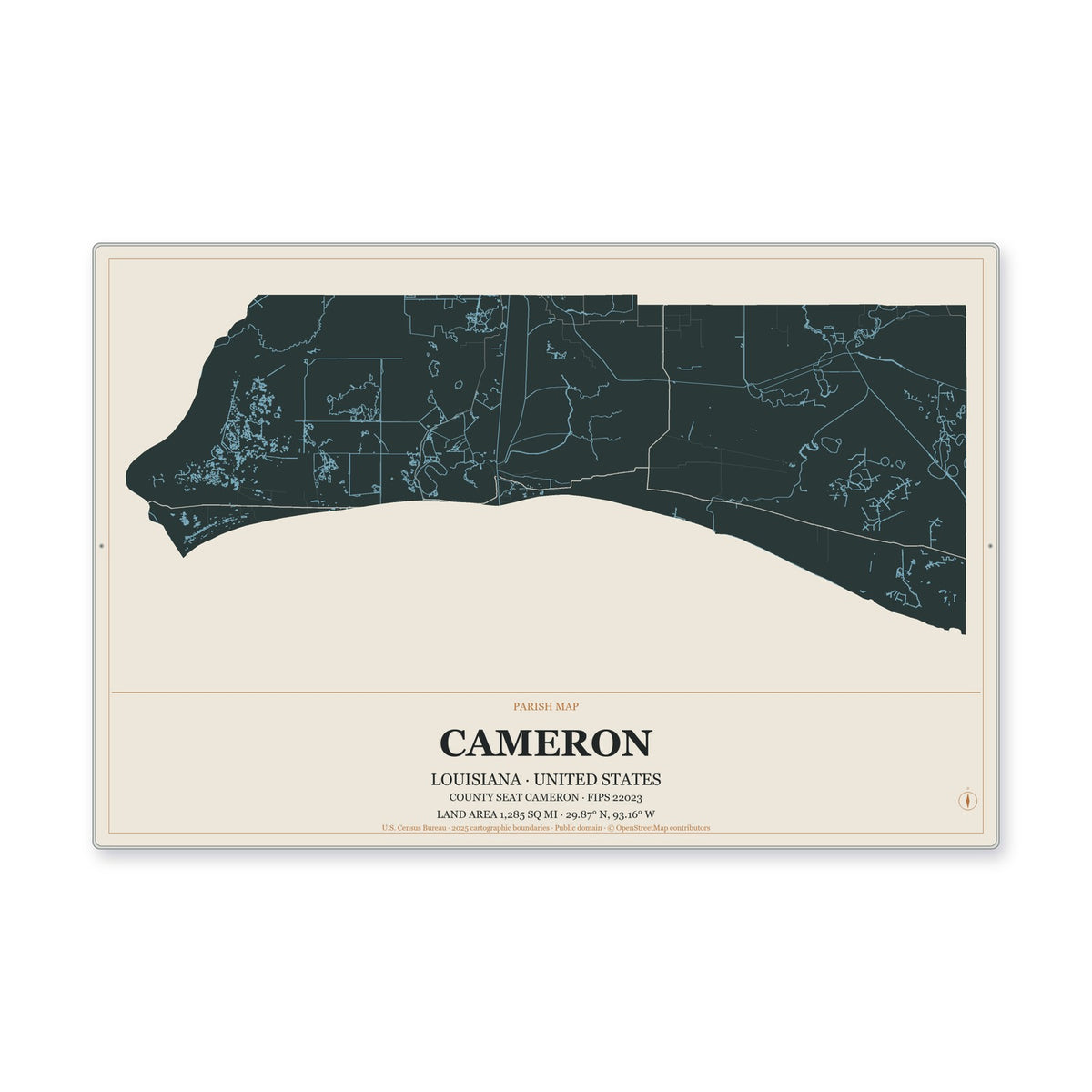 Cameron Parish, Louisiana Map Aluminum Sign in Headline Atlas style