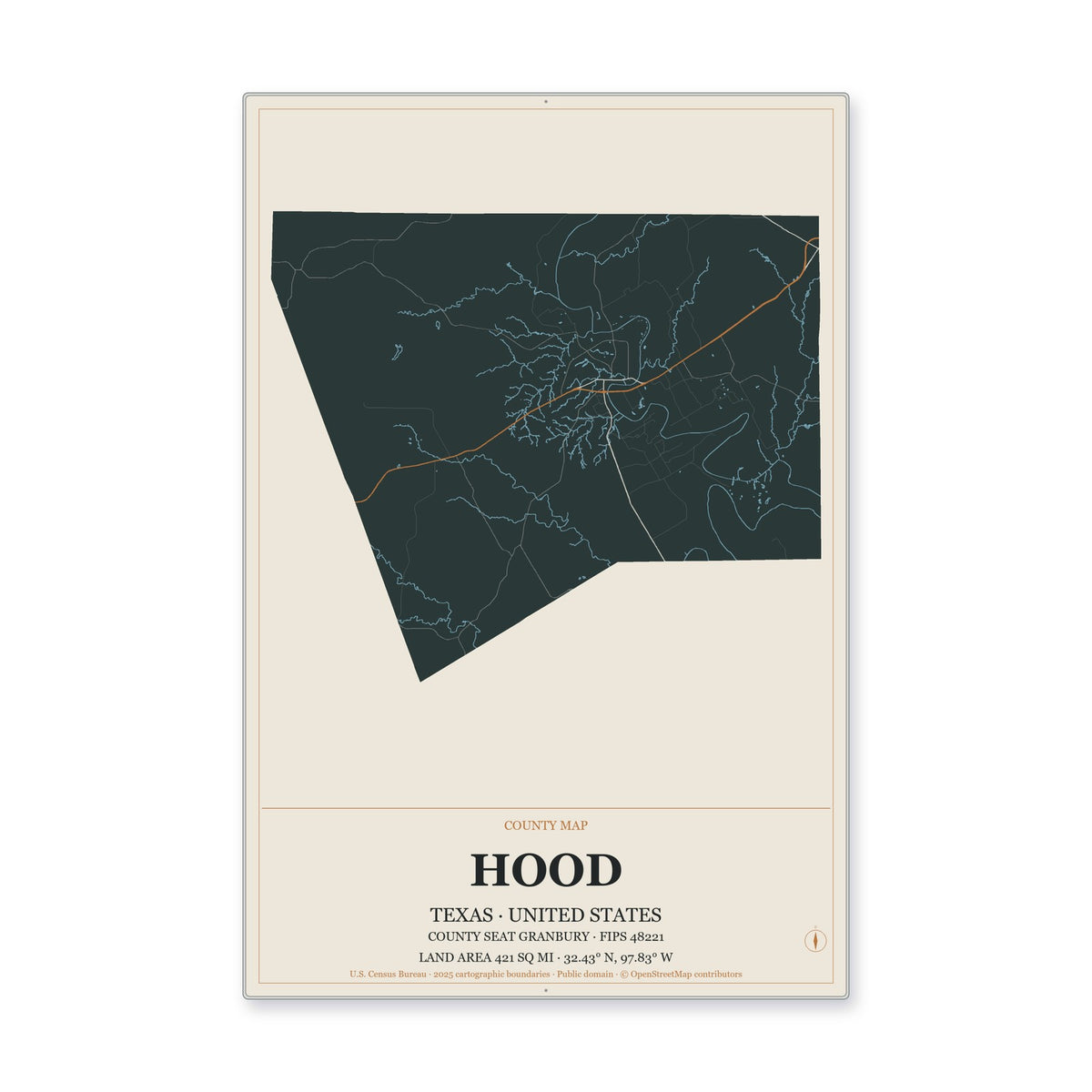 Hood County, Texas Map Aluminum Sign in Headline Atlas style