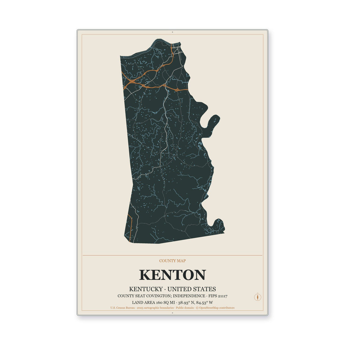 Kenton County, Kentucky Map Aluminum Sign in Headline Atlas style