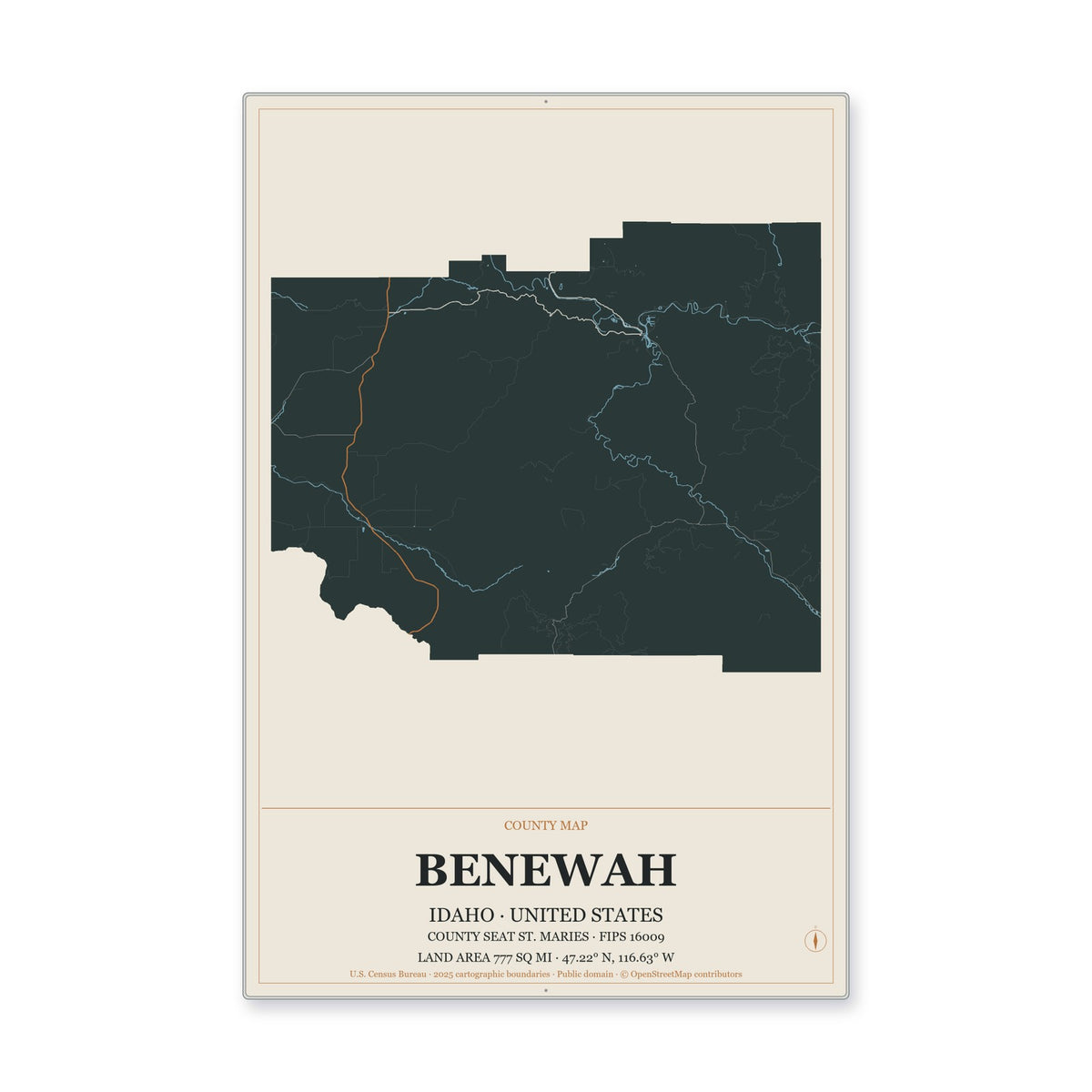 Benewah County, Idaho Map Aluminum Sign in Headline Atlas style