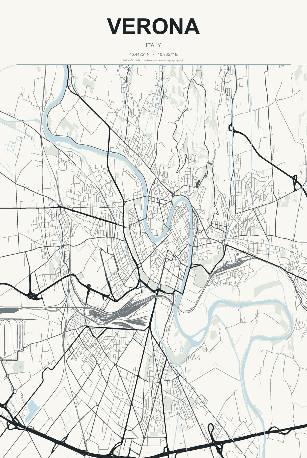 Verona, Italy City Map Aluminum Sign in Headline Atlas style