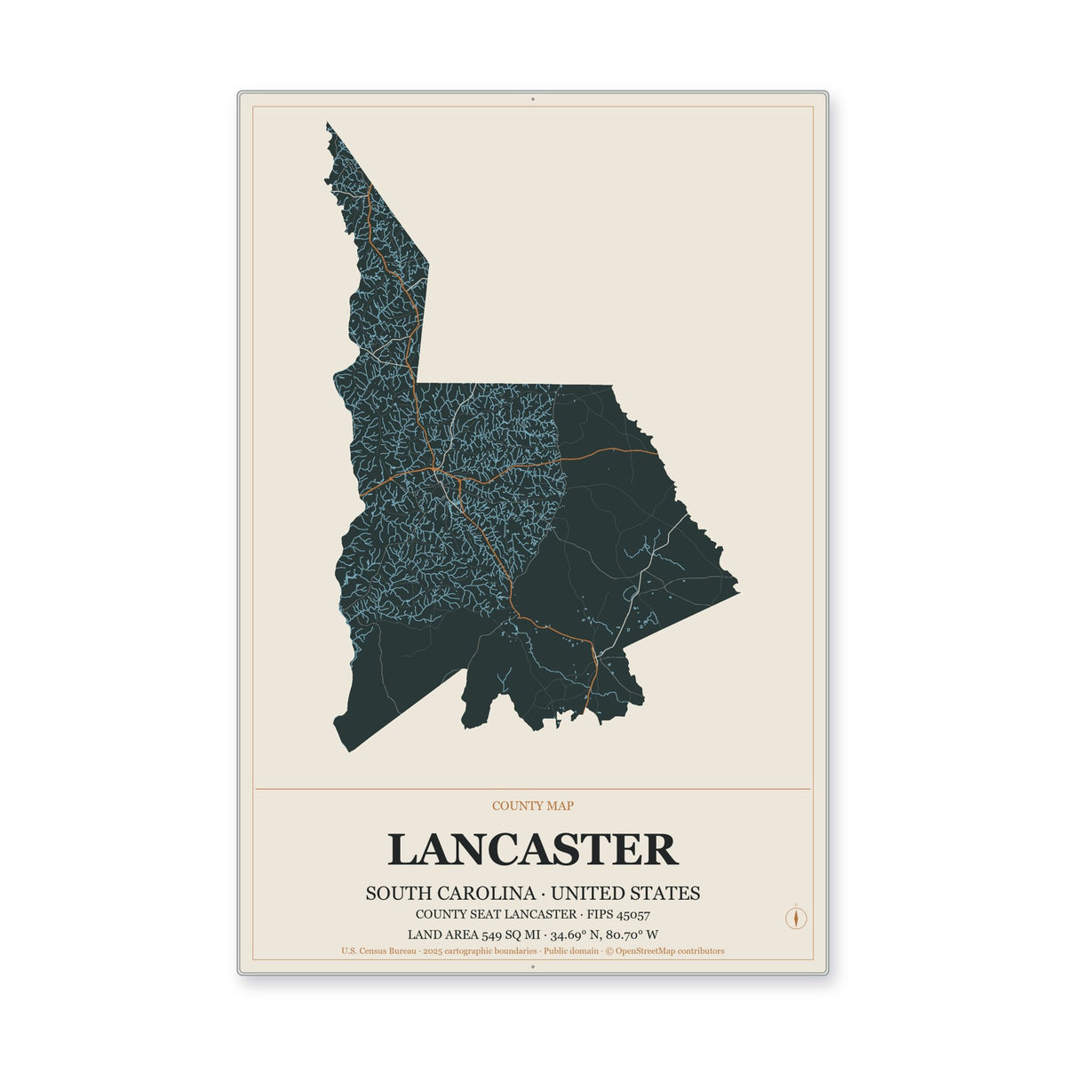 Lancaster County, South Carolina Map Aluminum Sign in Headline Atlas style