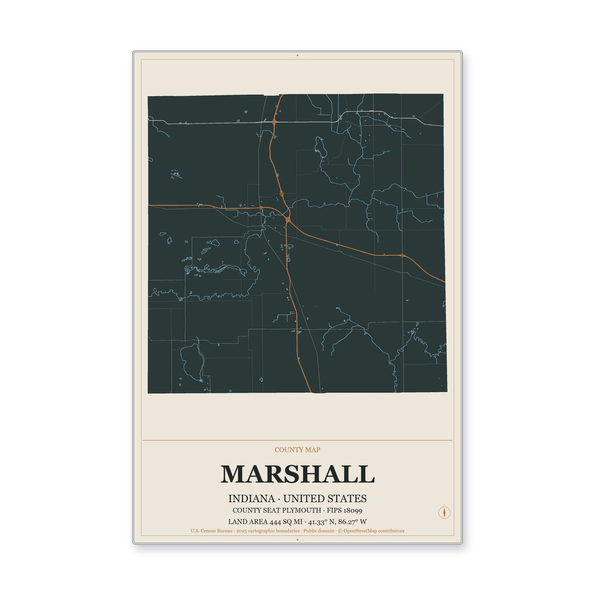 Marshall County, Indiana Map Aluminum Sign in Headline Atlas style