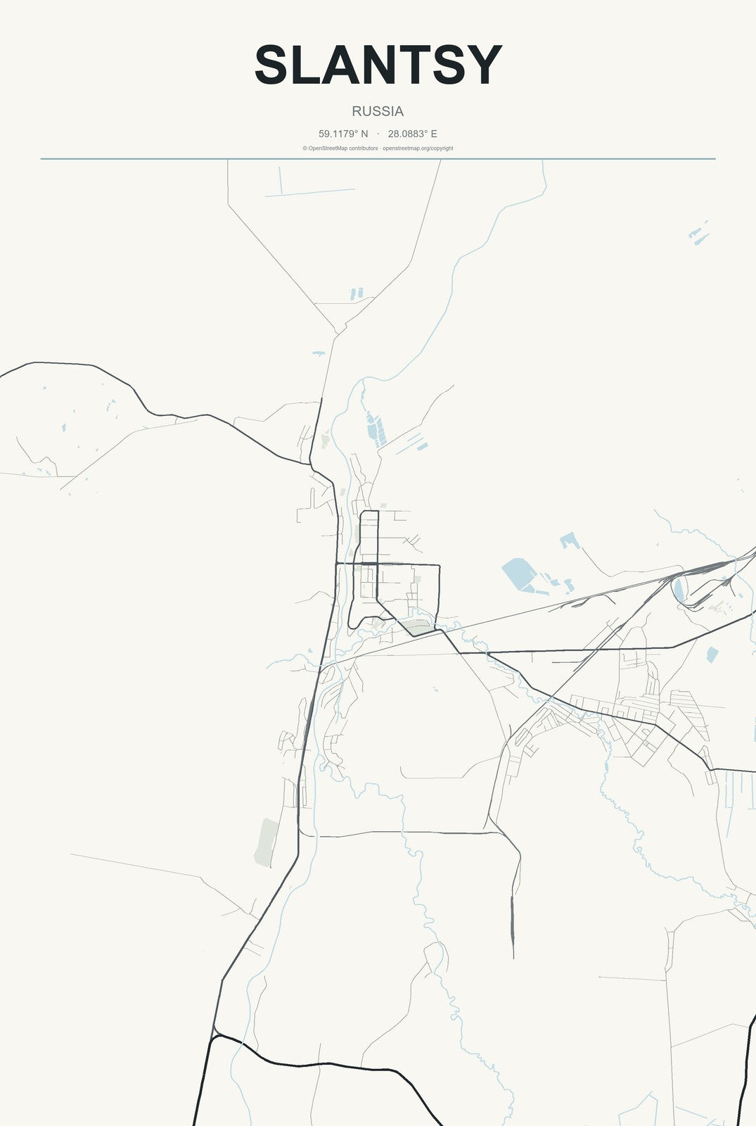 Slantsy, Russia City Map Aluminum Sign in Headline Atlas style